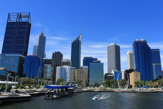 Perth city skyline on a sunny day, view from the Swan River — ideal backdrop for infrared sauna experiences in Western Australia.