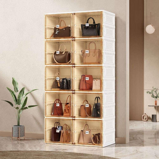 Kylin Cubes Storage Folding Shoe Cabinet With 2 Column &amp; 10 Grids &amp; 10 Brown Door