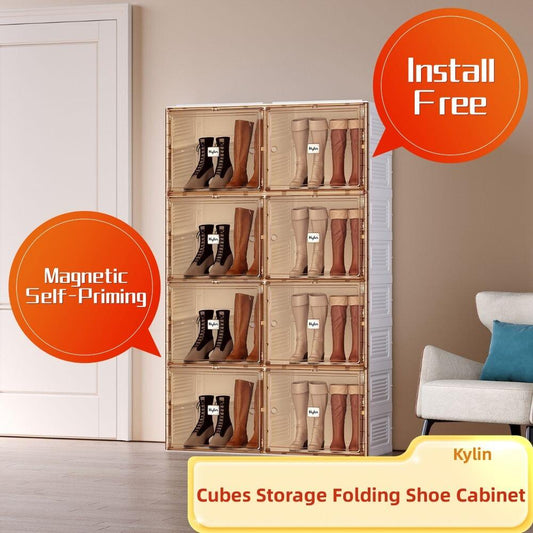 Kylin Cubes Storage Folding Shoe Cabinet With 2 Column &amp; 8 Grids &amp; 8 Brown Door